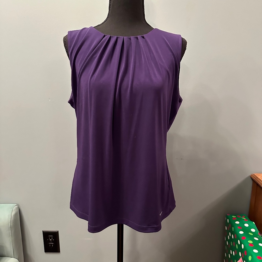 CALVIN KLEIN/dark purple tank top with pleated neckline